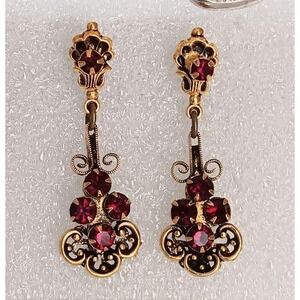 Vintage Gold Plate Faux? Garnet Dangle Drop Earrings Filigree Flowers Red Stones